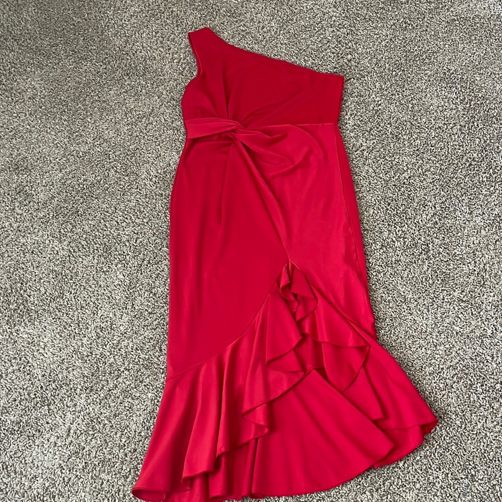 Red one shoulder dress satin